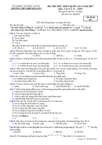 Đề thi thử THPT Quốc gia Vật lí - Mã đề 021 - Năm học 2016-2017 - Trường THPT Hiệp Hòa số 3 (Có đáp án)