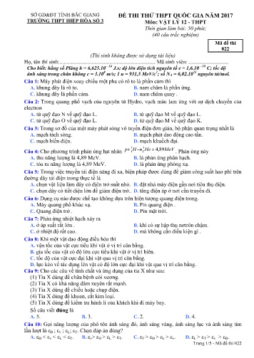 Đề thi thử THPT Quốc gia Vật lí - Mã đề 022 - Năm học 2016-2017 - Trường THPT Hiệp Hòa số 3 (Có đáp án)