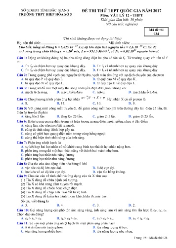 Đề thi thử THPT Quốc gia Vật lí - Mã đề 024 - Năm học 2016-2017 - Trường THPT Hiệp Hòa số 3 (Có đáp án)