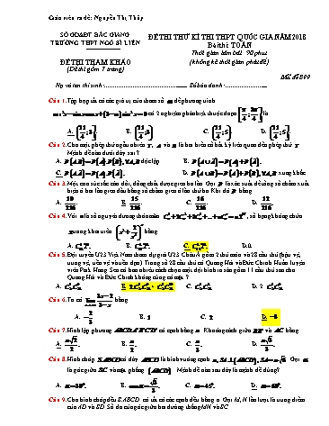 Đề thi thử THPT Toán - Mã đề 899 - Năm học 2017-2018 - Trường THPT Ngô Sĩ Liên (Có đáp án)