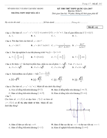 Đề thi thử THPTQG Toán - Mã đề 102 - Năm 2016-2017 - Trường THPT Hiệp Hòa số 3 (Có đáp án)
