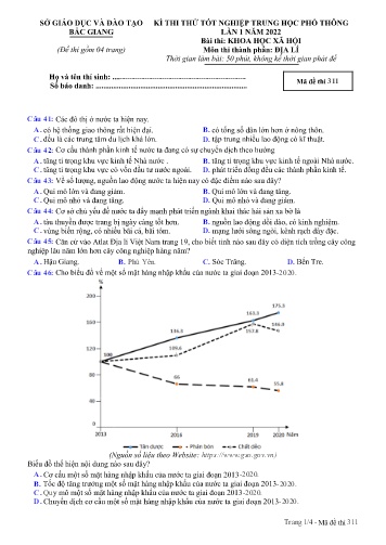 Đề thi thử tốt nghiệp THPT Địa lí (Lần 1) - Mã đề 311 - Năm học 2021-2022 - Sở GD&ĐT Bắc Giang (Có đáp án)
