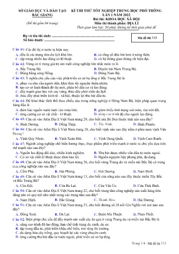 Đề thi thử tốt nghiệp THPT Địa lí (Lần 1) - Mã đề 313 - Năm học 2021-2022 - Sở GD&ĐT Bắc Giang (Có đáp án)