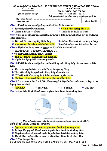 Đề thi thử tốt nghiệp THPT Địa lí (Lần 2) - Mã đề 301 - Năm học 2020-2021 - Sở GD&ĐT Bắc Giang (Có đáp án)
