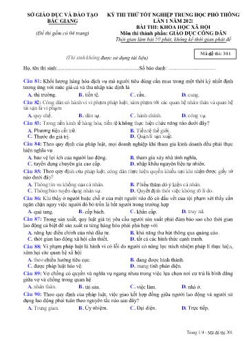 Đề thi thử tốt nghiệp THPT GDCD (Lần 1) - Mã đề 301 - Năm học 2020-2021 - Sở GD&ĐT Bắc Giang