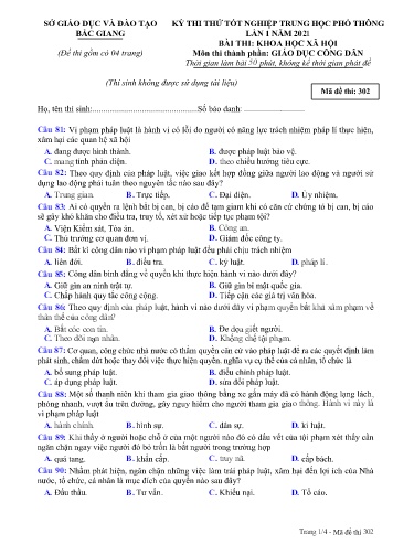 Đề thi thử tốt nghiệp THPT GDCD (Lần 1) - Mã đề 302 - Năm học 2020-2021 - Sở GD&ĐT Bắc Giang