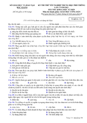 Đề thi thử tốt nghiệp THPT GDCD (Lần 1) - Mã đề 304 - Năm học 2020-2021 - Sở GD&ĐT Bắc Giang