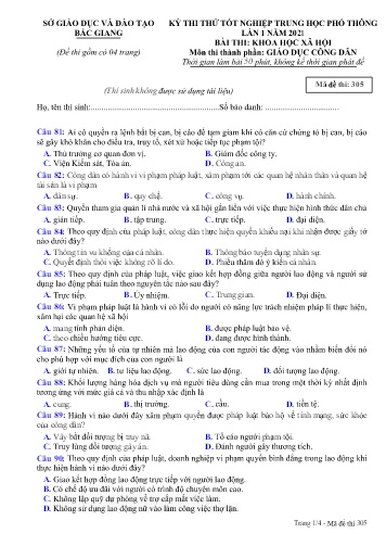 Đề thi thử tốt nghiệp THPT GDCD (Lần 1) - Mã đề 305 - Năm học 2020-2021 - Sở GD&ĐT Bắc Giang