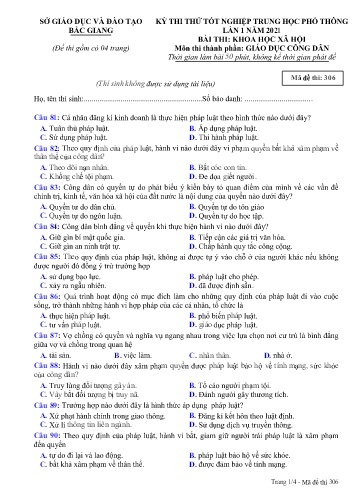 Đề thi thử tốt nghiệp THPT GDCD (Lần 1) - Mã đề 306 - Năm học 2020-2021 - Sở GD&ĐT Bắc Giang