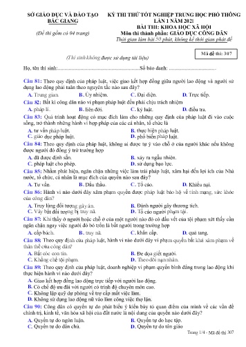 Đề thi thử tốt nghiệp THPT GDCD (Lần 1) - Mã đề 307 - Năm học 2020-2021 - Sở GD&ĐT Bắc Giang