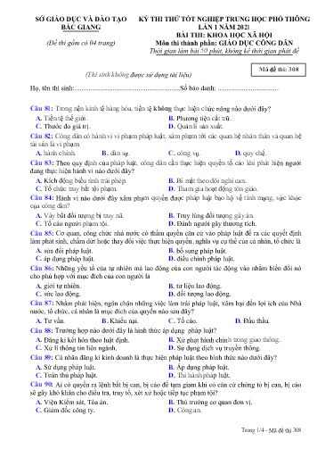 Đề thi thử tốt nghiệp THPT GDCD (Lần 1) - Mã đề 308 - Năm học 2020-2021 - Sở GD&ĐT Bắc Giang