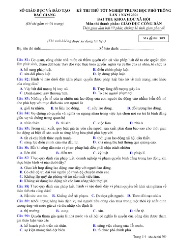 Đề thi thử tốt nghiệp THPT GDCD (Lần 1) - Mã đề 309 - Năm học 2020-2021 - Sở GD&ĐT Bắc Giang