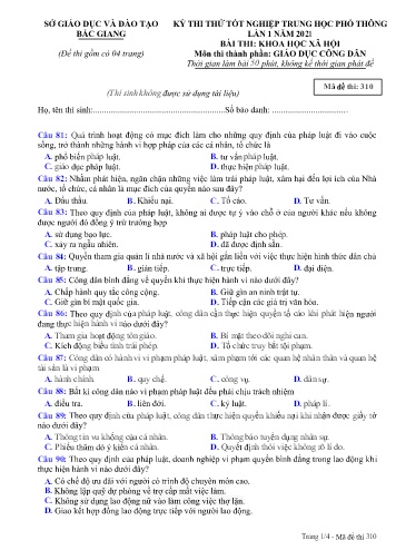 Đề thi thử tốt nghiệp THPT GDCD (Lần 1) - Mã đề 310 - Năm học 2020-2021 - Sở GD&ĐT Bắc Giang