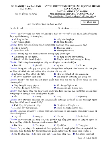 Đề thi thử tốt nghiệp THPT GDCD (Lần 1) - Mã đề 311 - Năm học 2020-2021 - Sở GD&ĐT Bắc Giang