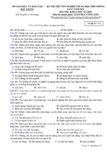 Đề thi thử tốt nghiệp THPT GDCD (Lần 1) - Mã đề 312 - Năm học 2020-2021 - Sở GD&ĐT Bắc Giang