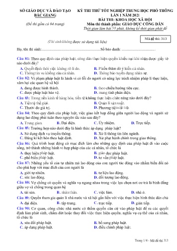 Đề thi thử tốt nghiệp THPT GDCD (Lần 1) - Mã đề 313 - Năm học 2020-2021 - Sở GD&ĐT Bắc Giang