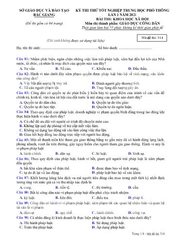 Đề thi thử tốt nghiệp THPT GDCD (Lần 1) - Mã đề 314 - Năm học 2020-2021 - Sở GD&ĐT Bắc Giang