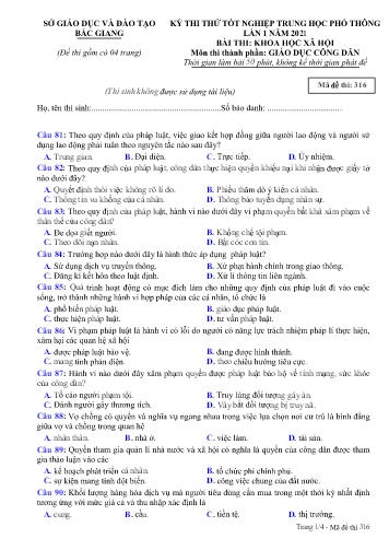 Đề thi thử tốt nghiệp THPT GDCD (Lần 1) - Mã đề 316 - Năm học 2020-2021 - Sở GD&ĐT Bắc Giang