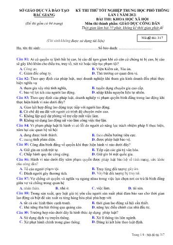 Đề thi thử tốt nghiệp THPT GDCD (Lần 1) - Mã đề 317 - Năm học 2020-2021 - Sở GD&ĐT Bắc Giang