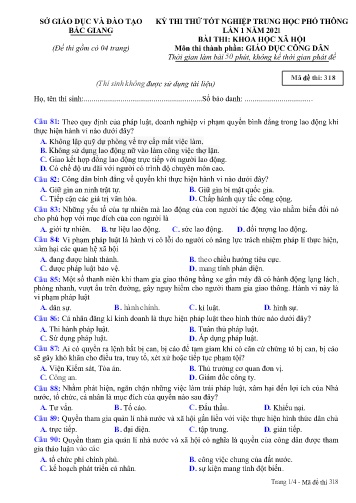 Đề thi thử tốt nghiệp THPT GDCD (Lần 1) - Mã đề 318 - Năm học 2020-2021 - Sở GD&ĐT Bắc Giang