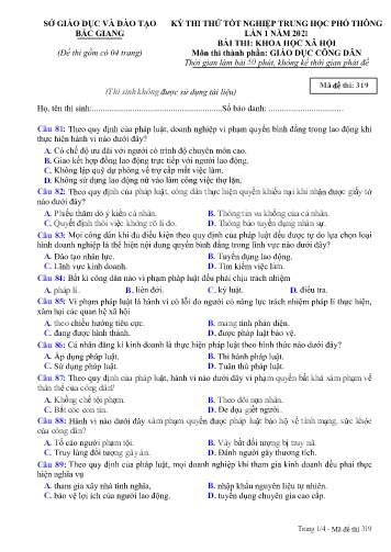 Đề thi thử tốt nghiệp THPT GDCD (Lần 1) - Mã đề 319 - Năm học 2020-2021 - Sở GD&ĐT Bắc Giang