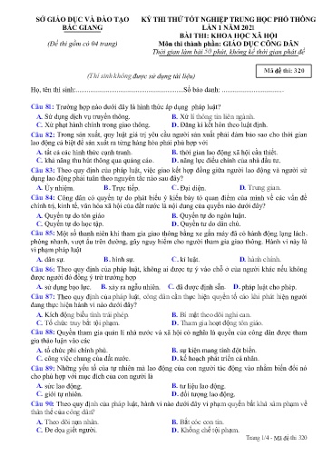 Đề thi thử tốt nghiệp THPT GDCD (Lần 1) - Mã đề 320 - Năm học 2020-2021 - Sở GD&ĐT Bắc Giang