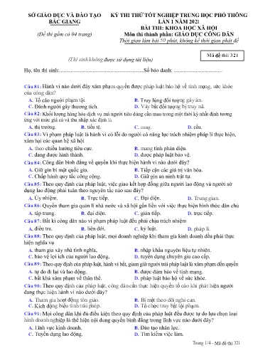 Đề thi thử tốt nghiệp THPT GDCD (Lần 1) - Mã đề 321 - Năm học 2020-2021 - Sở GD&ĐT Bắc Giang