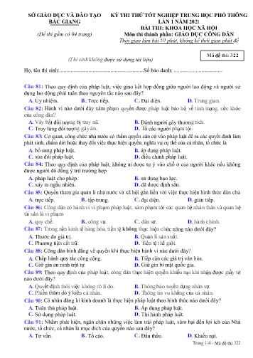 Đề thi thử tốt nghiệp THPT GDCD (Lần 1) - Mã đề 322 - Năm học 2020-2021 - Sở GD&ĐT Bắc Giang