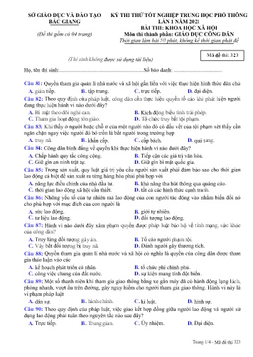 Đề thi thử tốt nghiệp THPT GDCD (Lần 1) - Mã đề 323 - Năm học 2020-2021 - Sở GD&ĐT Bắc Giang