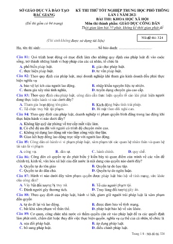 Đề thi thử tốt nghiệp THPT GDCD (Lần 1) - Mã đề 324 - Năm học 2020-2021 - Sở GD&ĐT Bắc Giang