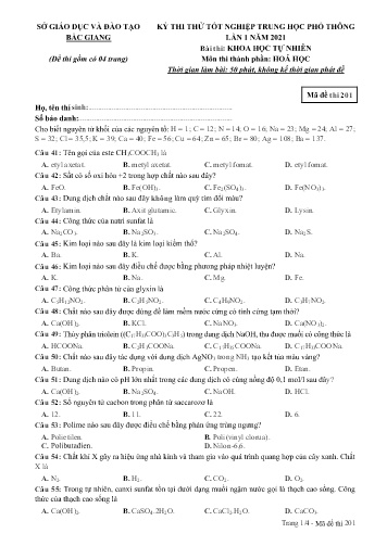 Đề thi thử tốt nghiệp THPT Hóa học (Lần 1) - Mã đề 201 - Năm học 2020-2021 - Sở GD&ĐT Bắc Giang