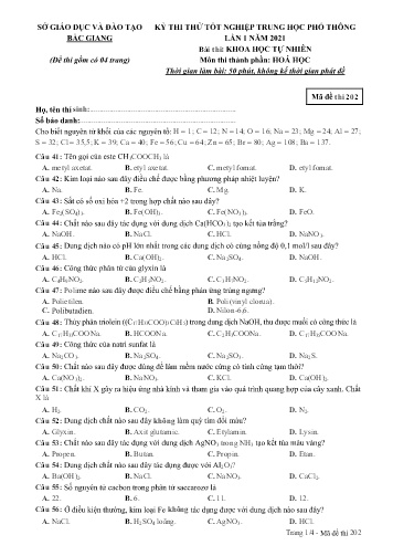 Đề thi thử tốt nghiệp THPT Hóa học (Lần 1) - Mã đề 202 - Năm học 2020-2021 - Sở GD&ĐT Bắc Giang