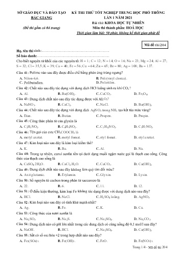 Đề thi thử tốt nghiệp THPT Hóa học (Lần 1) - Mã đề 204 - Năm học 2020-2021 - Sở GD&ĐT Bắc Giang