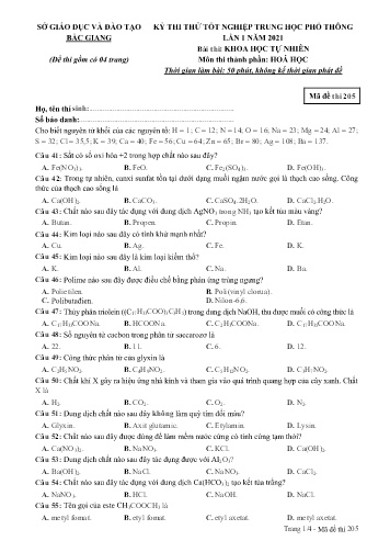 Đề thi thử tốt nghiệp THPT Hóa học (Lần 1) - Mã đề 205 - Năm học 2020-2021 - Sở GD&ĐT Bắc Giang
