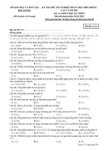 Đề thi thử tốt nghiệp THPT Hóa học (Lần 1) - Mã đề 206 - Năm học 2020-2021 - Sở GD&ĐT Bắc Giang