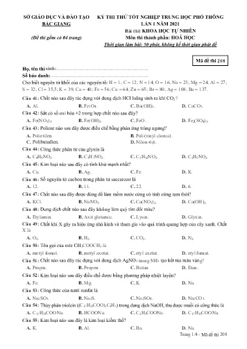 Đề thi thử tốt nghiệp THPT Hóa học (Lần 1) - Mã đề 208 - Năm học 2020-2021 - Sở GD&ĐT Bắc Giang