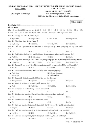 Đề thi thử tốt nghiệp THPT Hóa học (Lần 1) - Mã đề 209 - Năm học 2020-2021 - Sở GD&ĐT Bắc Giang