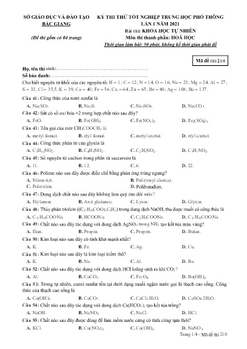 Đề thi thử tốt nghiệp THPT Hóa học (Lần 1) - Mã đề 210 - Năm học 2020-2021 - Sở GD&ĐT Bắc Giang