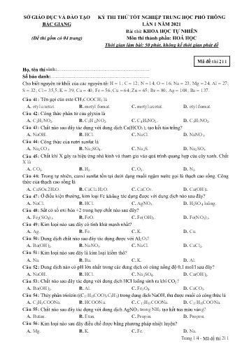 Đề thi thử tốt nghiệp THPT Hóa học (Lần 1) - Mã đề 211 - Năm học 2020-2021 - Sở GD&ĐT Bắc Giang