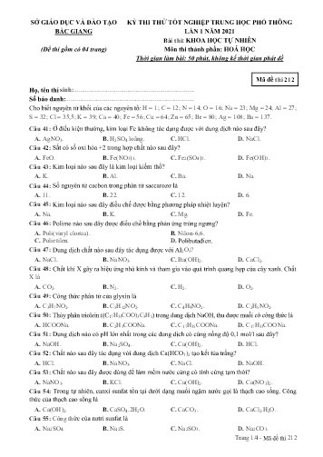 Đề thi thử tốt nghiệp THPT Hóa học (Lần 1) - Mã đề 212 - Năm học 2020-2021 - Sở GD&ĐT Bắc Giang