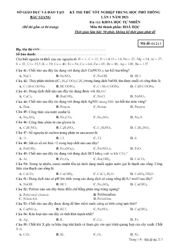 Đề thi thử tốt nghiệp THPT Hóa học (Lần 1) - Mã đề 213 - Năm học 2020-2021 - Sở GD&ĐT Bắc Giang
