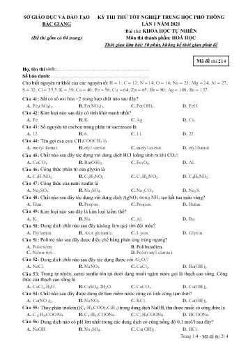 Đề thi thử tốt nghiệp THPT Hóa học (Lần 1) - Mã đề 214 - Năm học 2020-2021 - Sở GD&ĐT Bắc Giang