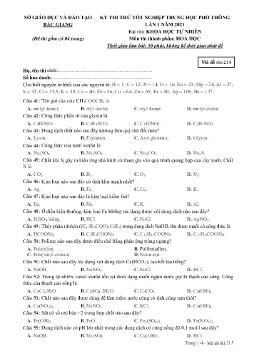 Đề thi thử tốt nghiệp THPT Hóa học (Lần 1) - Mã đề 215 - Năm học 2020-2021 - Sở GD&ĐT Bắc Giang