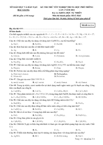 Đề thi thử tốt nghiệp THPT Hóa học (Lần 1) - Mã đề 216 - Năm học 2020-2021 - Sở GD&ĐT Bắc Giang