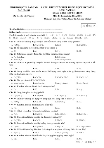 Đề thi thử tốt nghiệp THPT Hóa học (Lần 1) - Mã đề 217 - Năm học 2020-2021 - Sở GD&ĐT Bắc Giang