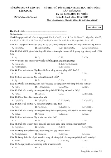 Đề thi thử tốt nghiệp THPT Hóa học (Lần 1) - Mã đề 218 - Năm học 2020-2021 - Sở GD&ĐT Bắc Giang