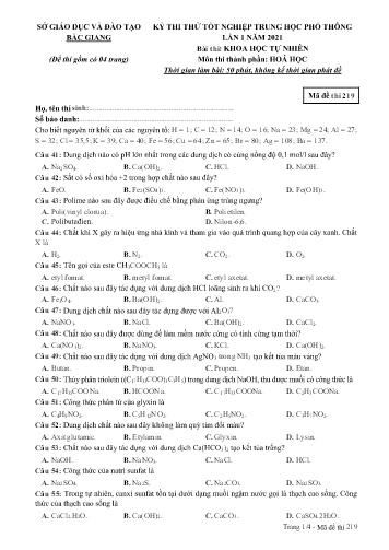 Đề thi thử tốt nghiệp THPT Hóa học (Lần 1) - Mã đề 219 - Năm học 2020-2021 - Sở GD&ĐT Bắc Giang