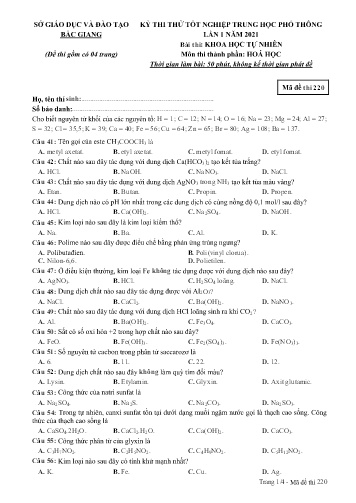 Đề thi thử tốt nghiệp THPT Hóa học (Lần 1) - Mã đề 220 - Năm học 2020-2021 - Sở GD&ĐT Bắc Giang