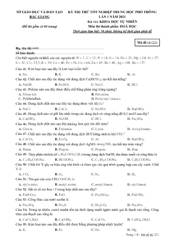 Đề thi thử tốt nghiệp THPT Hóa học (Lần 1) - Mã đề 221 - Năm học 2020-2021 - Sở GD&ĐT Bắc Giang