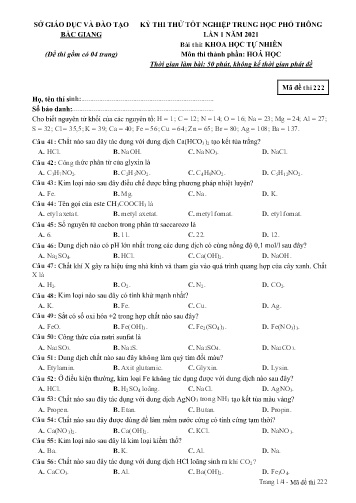 Đề thi thử tốt nghiệp THPT Hóa học (Lần 1) - Mã đề 222 - Năm học 2020-2021 - Sở GD&ĐT Bắc Giang